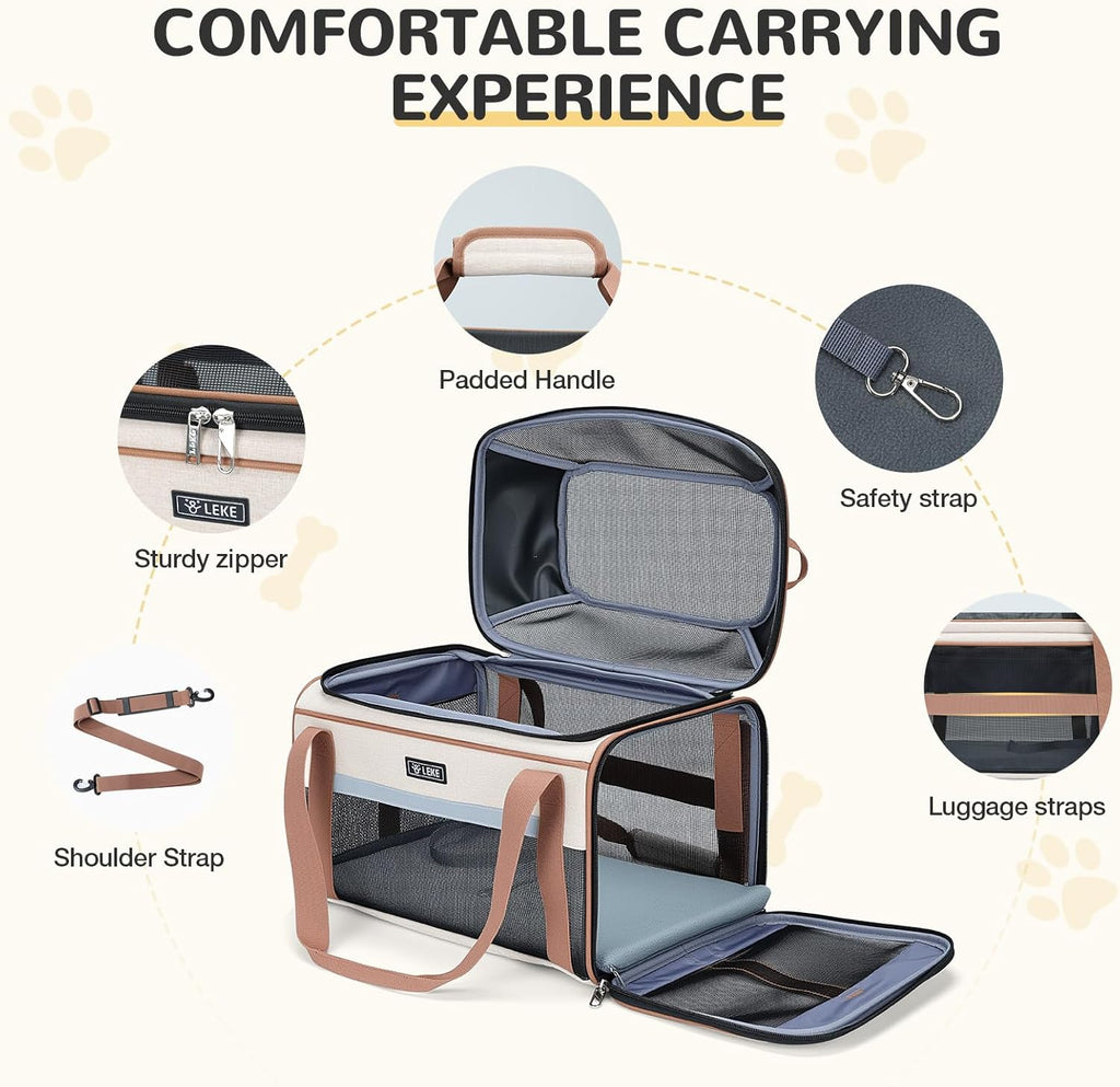 Top-Expandable Pet Carrier 17X11X9.5 Inch Alaska Hawaiian Airline Approved Soft Sided Underseat to 12Lbs Travel Carriers for Small Dogs and Cats with Locking Safety Zippers Anti-Scratch Mesh