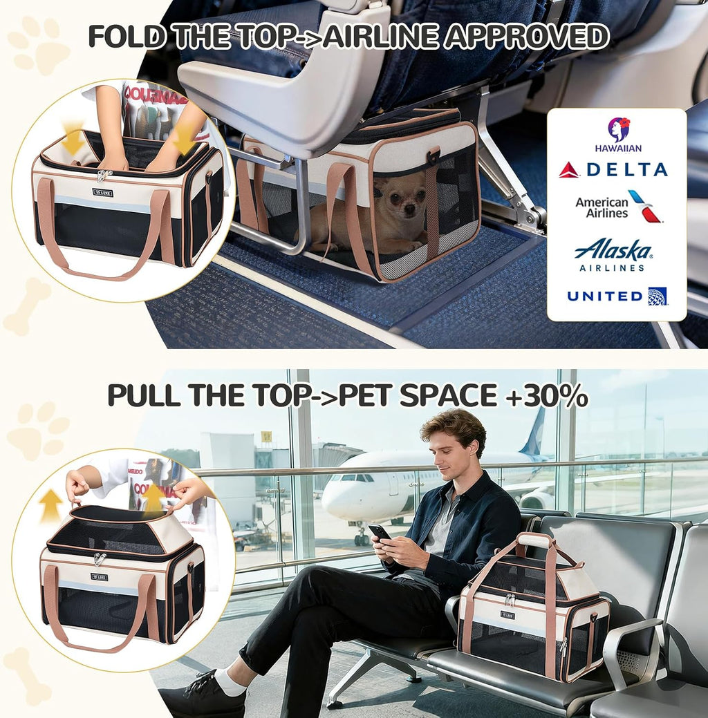 Top-Expandable Pet Carrier 17X11X9.5 Inch Alaska Hawaiian Airline Approved Soft Sided Underseat to 12Lbs Travel Carriers for Small Dogs and Cats with Locking Safety Zippers Anti-Scratch Mesh