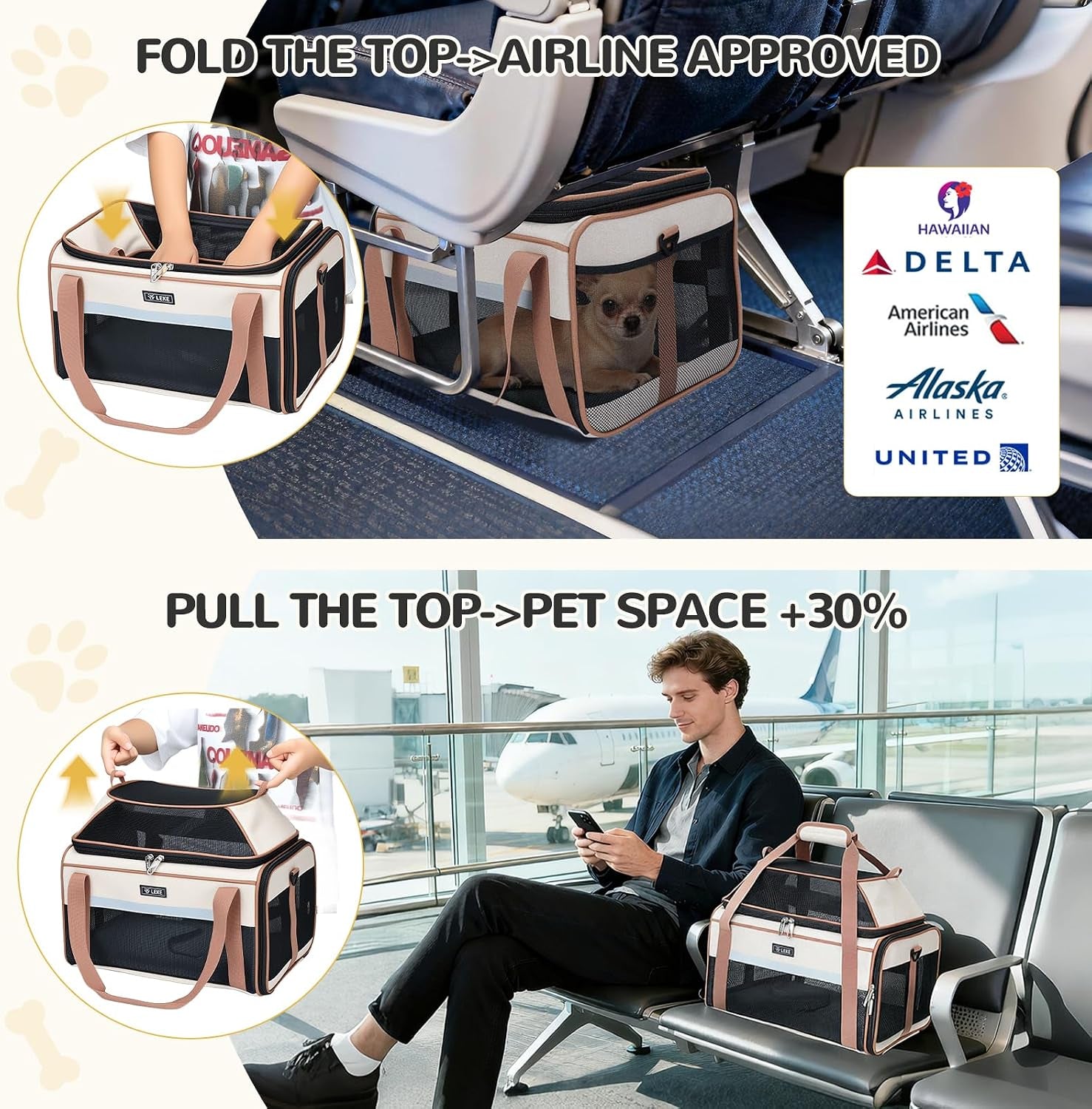 Top-Expandable Pet Carrier 17X11X9.5 Inch Alaska Hawaiian Airline Approved Soft Sided Underseat to 12Lbs Travel Carriers for Small Dogs and Cats with Locking Safety Zippers Anti-Scratch Mesh