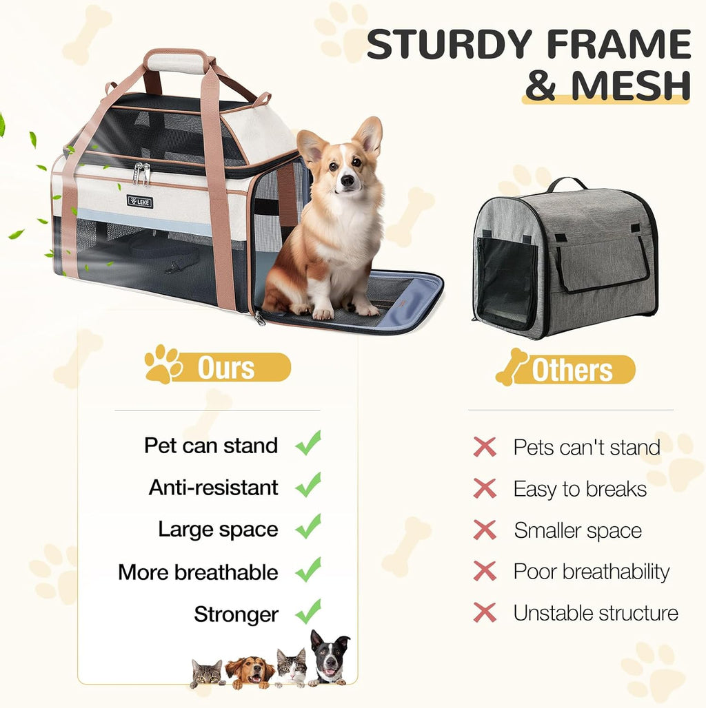 Top-Expandable Pet Carrier 17X11X9.5 Inch Alaska Hawaiian Airline Approved Soft Sided Underseat to 12Lbs Travel Carriers for Small Dogs and Cats with Locking Safety Zippers Anti-Scratch Mesh