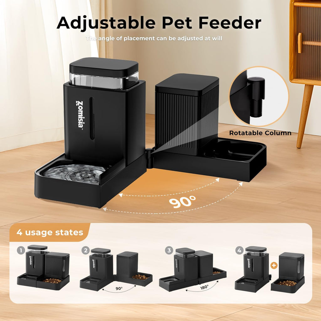 Automatic Cat Feeder and Water Dispenser Set, 2 in 1 Gravity Cat Food Dispenser with 180 Degree Rotatable, Pet Self Feeding Large Capacity for Small Dogs Puppy Kitten, Black, 0.8 Gallon X 2