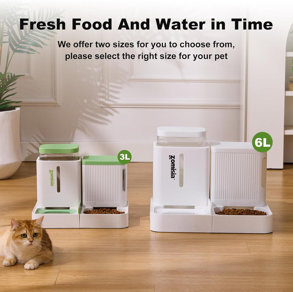 Automatic Cat Feeder and Water Dispenser Set, 2 in 1 Gravity Cat Food Dispenser with 180 Degree Rotatable, Pet Self Feeding Large Capacity for Small Dogs Puppy Kitten, Black, 0.8 Gallon X 2