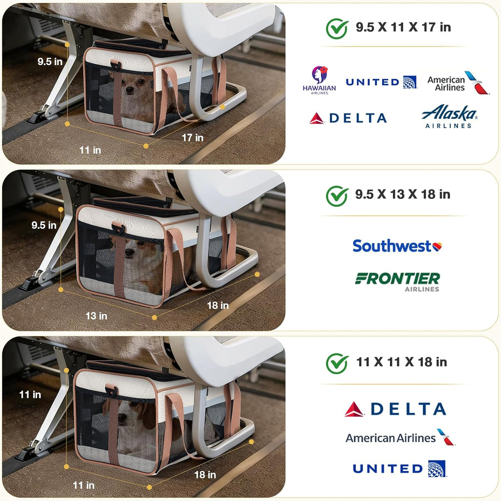 Top-Expandable Pet Carrier 17X11X9.5 Inch Alaska Hawaiian Airline Approved Soft Sided Underseat to 12Lbs Travel Carriers for Small Dogs and Cats with Locking Safety Zippers Anti-Scratch Mesh