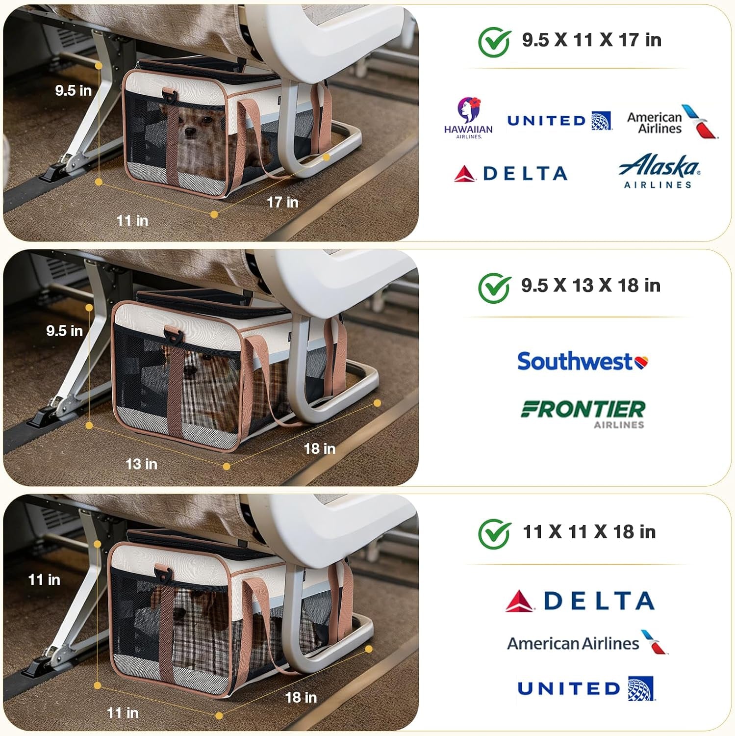 Top-Expandable Pet Carrier 17X11X9.5 Inch Alaska Hawaiian Airline Approved Soft Sided Underseat to 12Lbs Travel Carriers for Small Dogs and Cats with Locking Safety Zippers Anti-Scratch Mesh