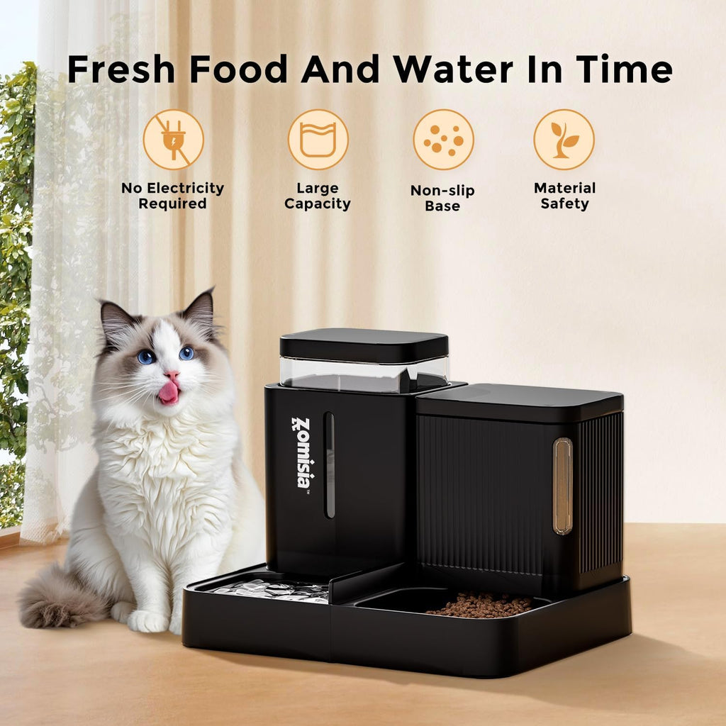 Automatic Cat Feeder and Water Dispenser Set, 2 in 1 Gravity Cat Food Dispenser with 180 Degree Rotatable, Pet Self Feeding Large Capacity for Small Dogs Puppy Kitten, Black, 0.8 Gallon X 2