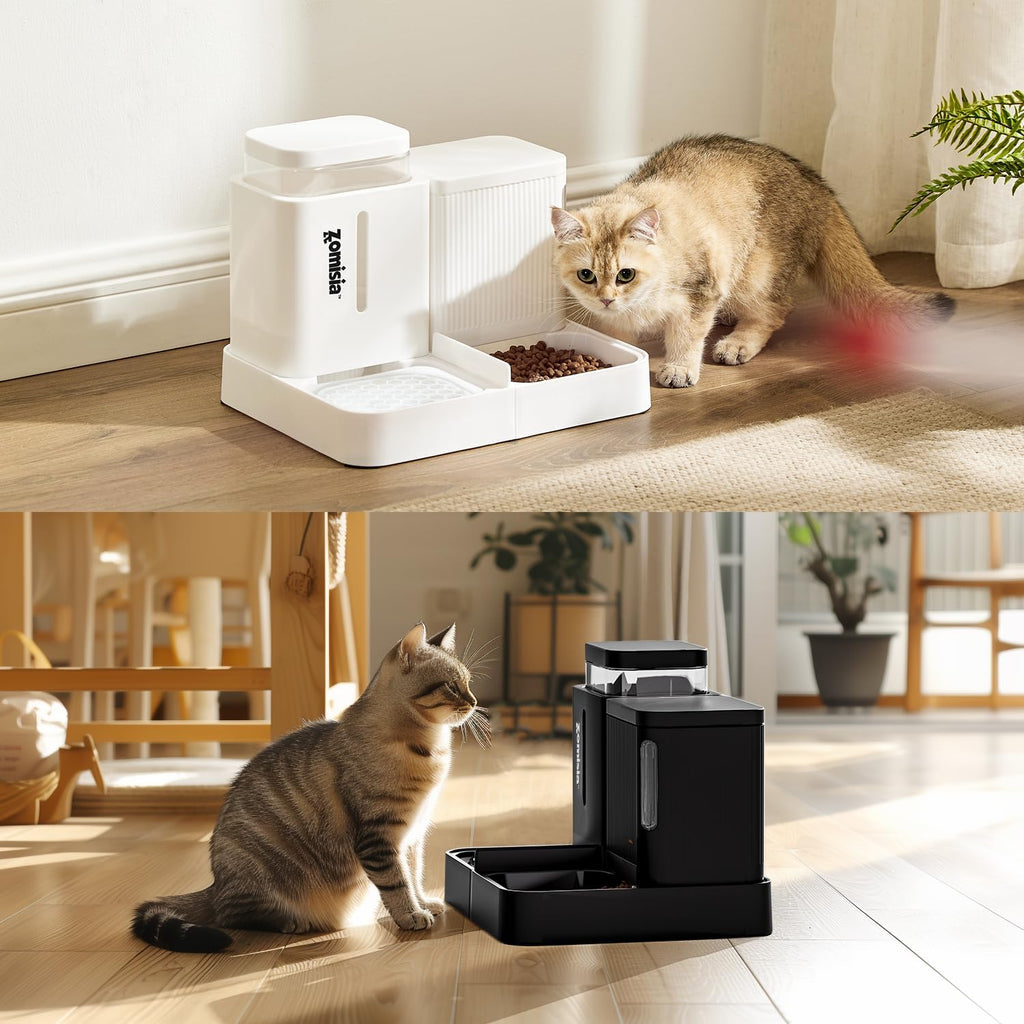 Automatic Cat Feeder and Water Dispenser Set, 2 in 1 Gravity Cat Food Dispenser with 180 Degree Rotatable, Pet Self Feeding Large Capacity for Small Dogs Puppy Kitten, Black, 0.8 Gallon X 2