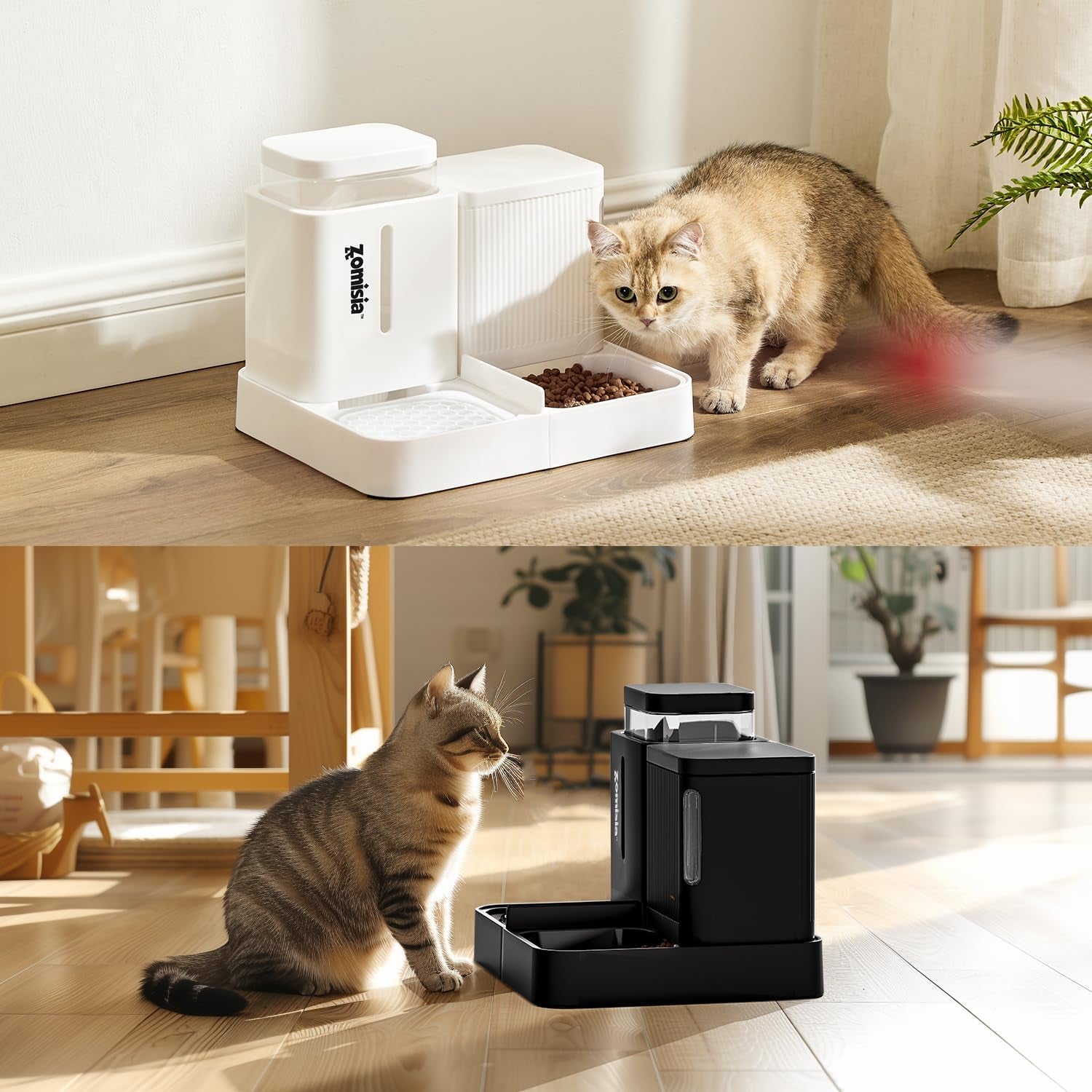 Automatic Cat Feeder and Water Dispenser Set, 2 in 1 Gravity Cat Food Dispenser with 180 Degree Rotatable, Pet Self Feeding Large Capacity for Small Dogs Puppy Kitten, Black, 0.8 Gallon X 2