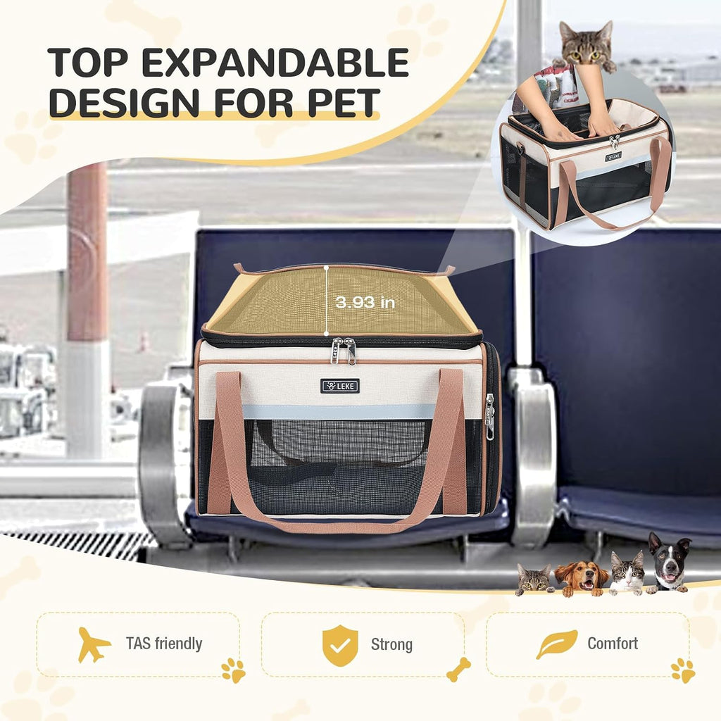 Top-Expandable Pet Carrier 17X11X9.5 Inch Alaska Hawaiian Airline Approved Soft Sided Underseat to 12Lbs Travel Carriers for Small Dogs and Cats with Locking Safety Zippers Anti-Scratch Mesh