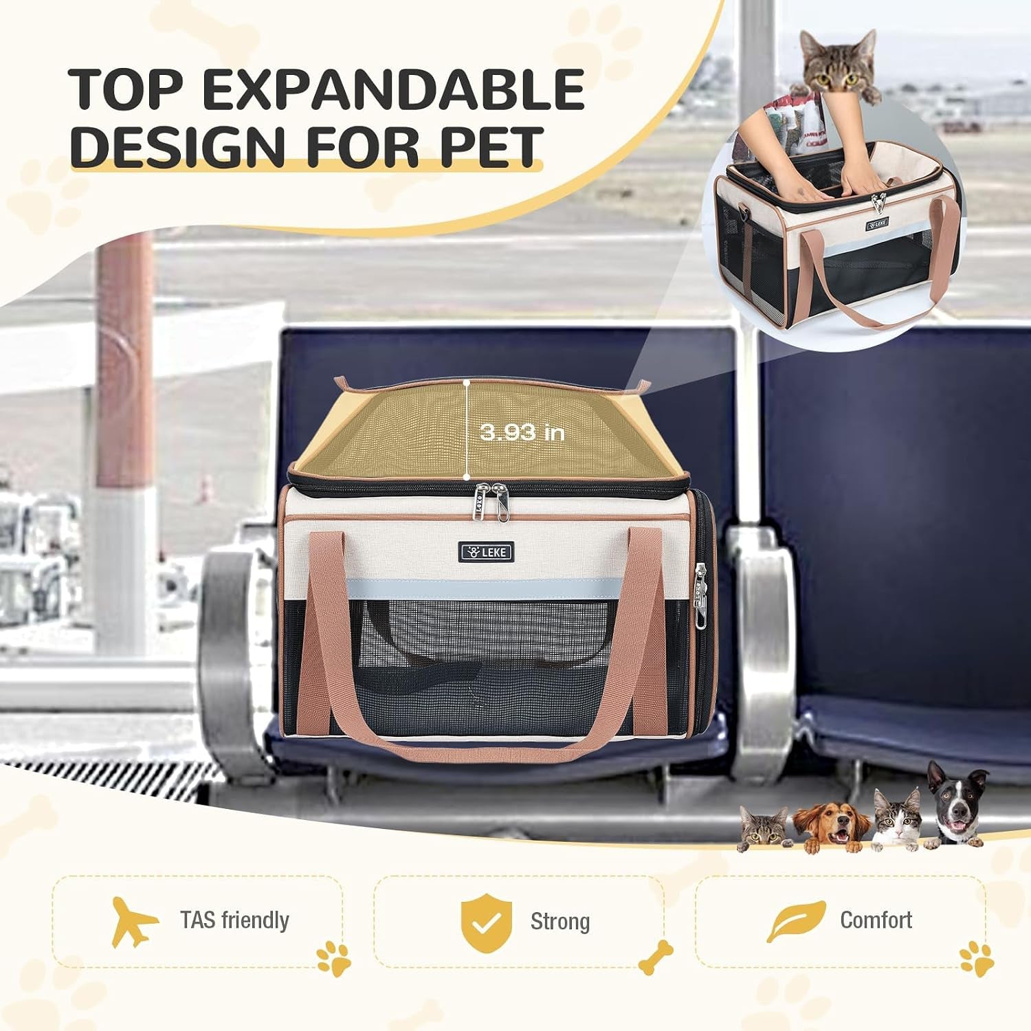 Top-Expandable Pet Carrier 17X11X9.5 Inch Alaska Hawaiian Airline Approved Soft Sided Underseat to 12Lbs Travel Carriers for Small Dogs and Cats with Locking Safety Zippers Anti-Scratch Mesh
